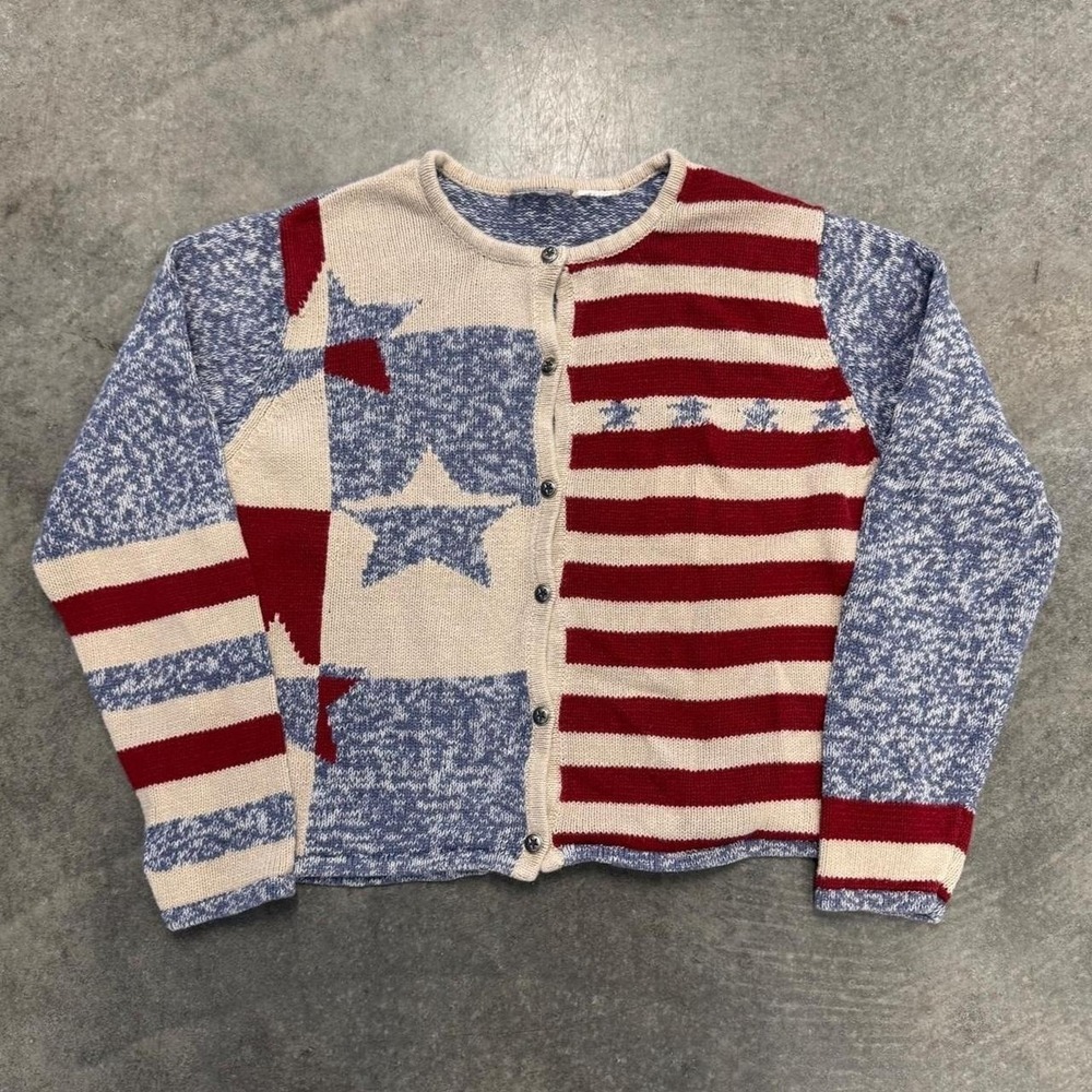 Vintage American Flag Knit Sweater Boxy Cropped Red White Blue USA Medium